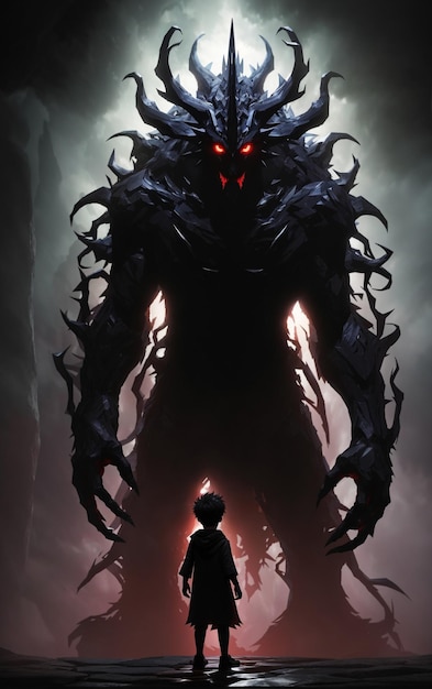 Illustration of a brave child facing a scary monster 1