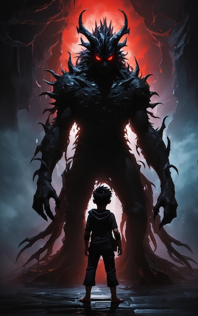 Illustration of a brave child facing a scary monster 5