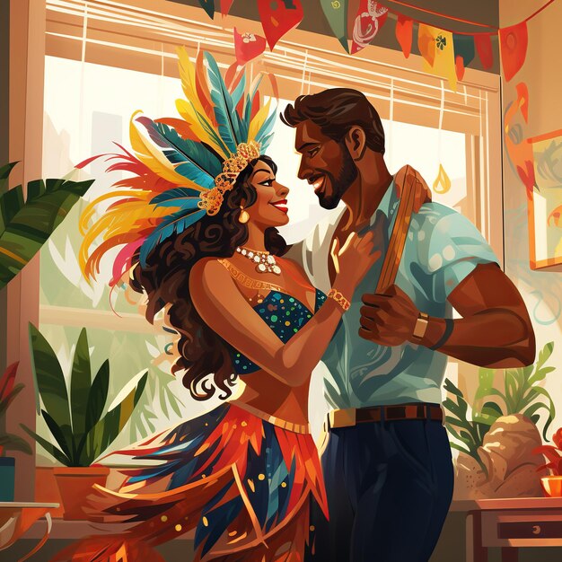 Photo illustration of brazilian carnival couple celebrating carnival at