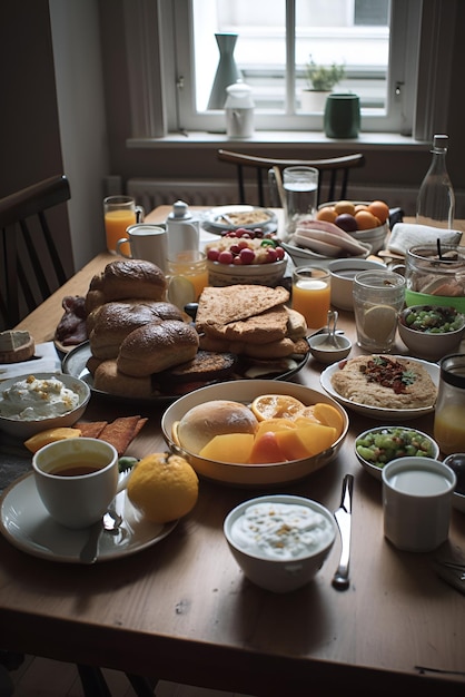 Illustration of breakfast near the window Table full of food and beverage Generative AI