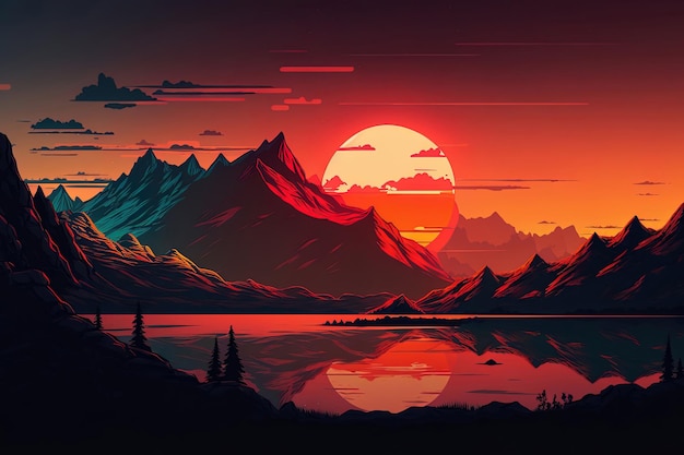 Illustration of a breathtaking sunset over a mountain range