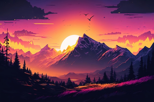 Illustration of a breathtaking sunset over a mountain range