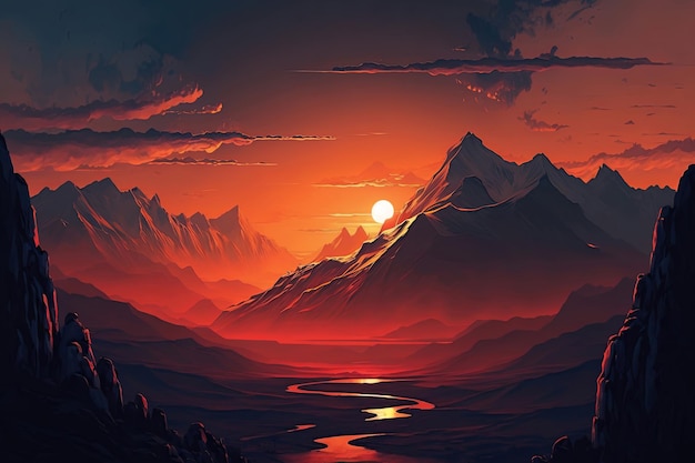 Illustration of a breathtaking sunset over a mountain range