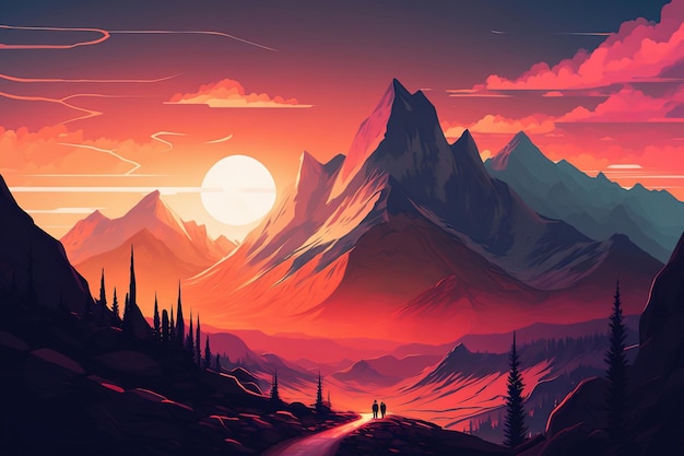 Illustration of a breathtaking sunset over a mountain range