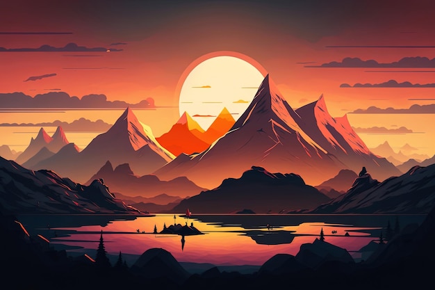 Illustration of a breathtaking sunset over a mountain range