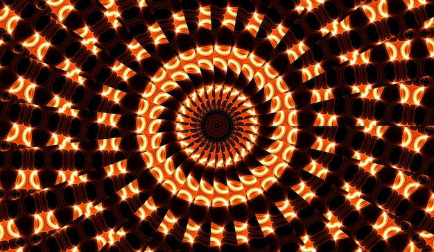 Illustration of a bright fractal kaleidoscope of flares and sun with spirals