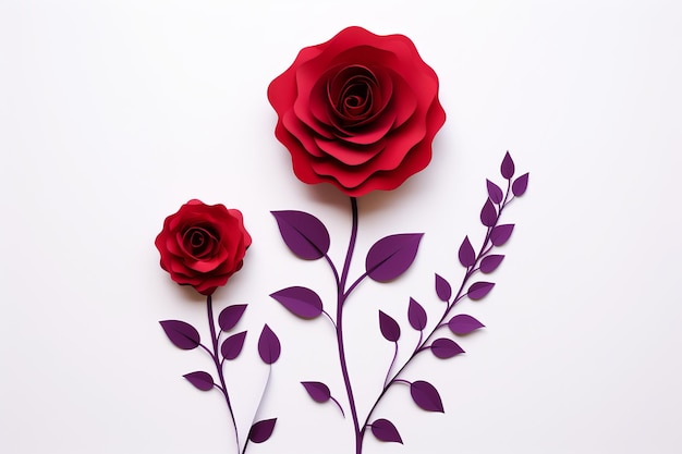 illustration of A bright red rose in full and two small purple Generative ai