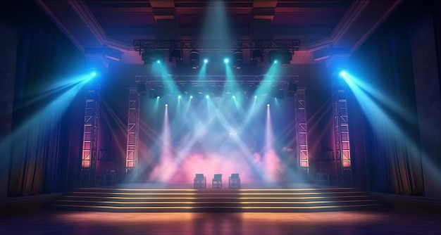 Illustration of a brightly lit stage with multiple spotlights shining down