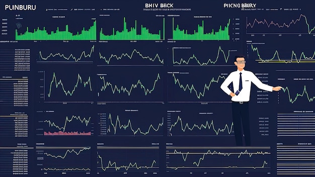 Illustration of a broker and charts symbolizes the stock exchange currency investment business and finance