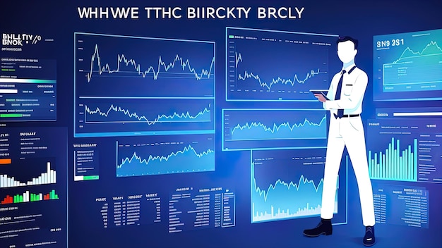 Illustration of a broker and charts symbolizes the stock exchange currency investment business and finance