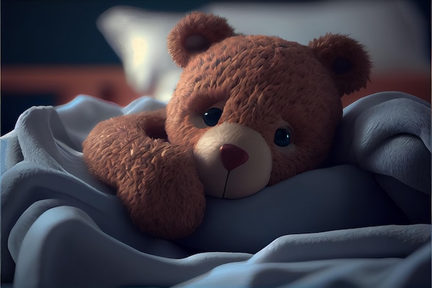 잠잘 준비가 된 침대에 있는 갈색 곰 장난감 그림 AI