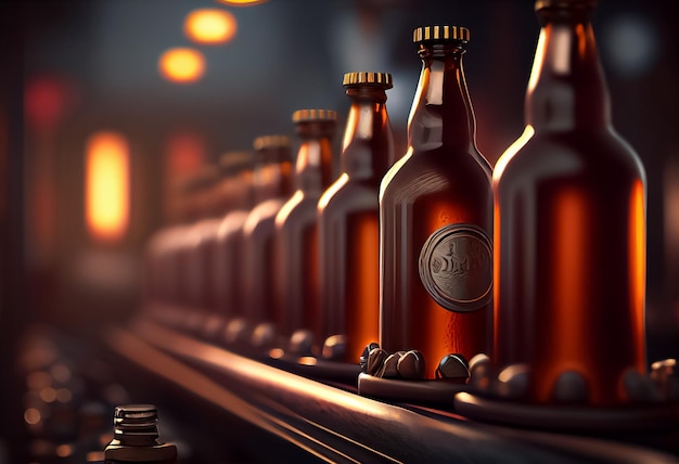 맥주 또는 우유 공장 ai의 컨베이어 벨트에 있는 갈색 빈 맥주병 그림