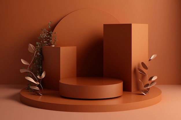 Illustration of brown tone geometric display podium background with plants Generative AI