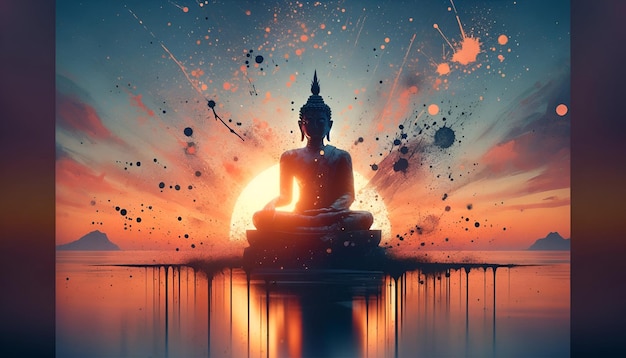 Illustration of a buddha statue against a sunset background in a splatter paint style
