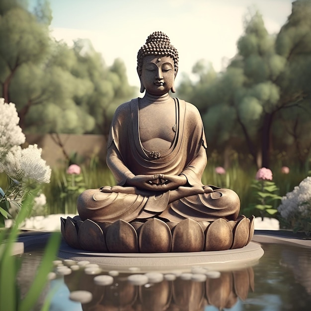 Иллюстрация статуи Будды в саду, созданная искусственным интеллектом