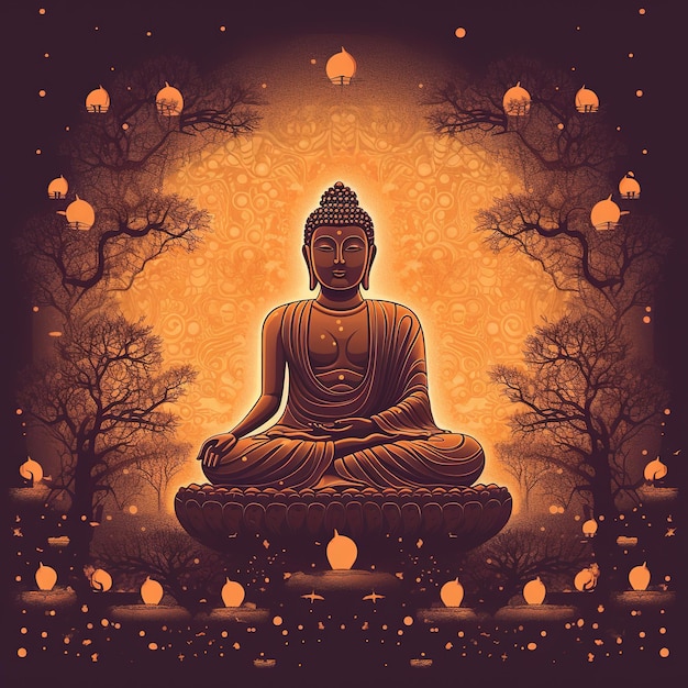 An illustration of a buddha with a tree in the background.