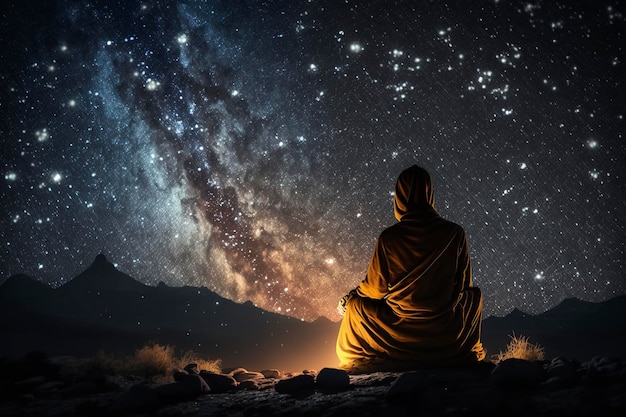 illustration buddhist monk meditating under the starry sky ai generative