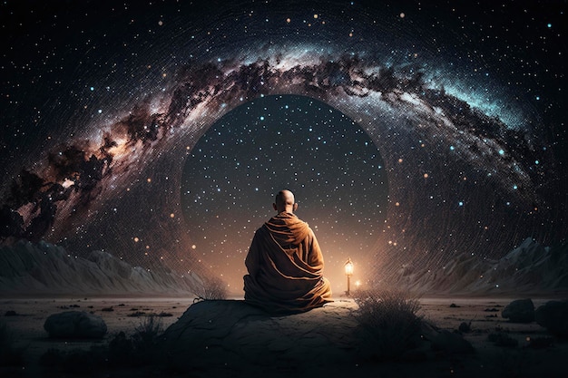 illustration buddhist monk meditating under the starry sky ai generative