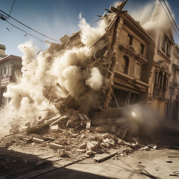 иллюстрация здания, пострадавшего от землетрясения, со съемкой пыли