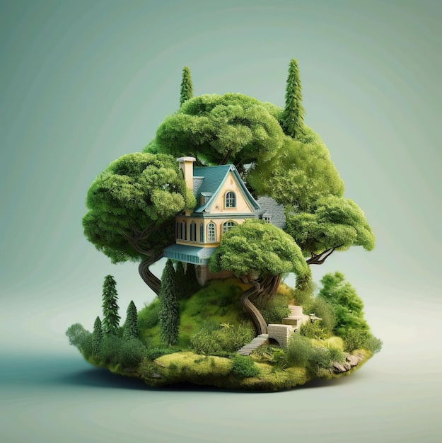 Иллюстрационная строительная модель дома с деревом на вершине.