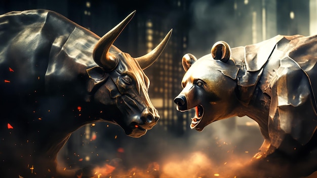 Illustration of bull and bear fighting stock or crypto market concept