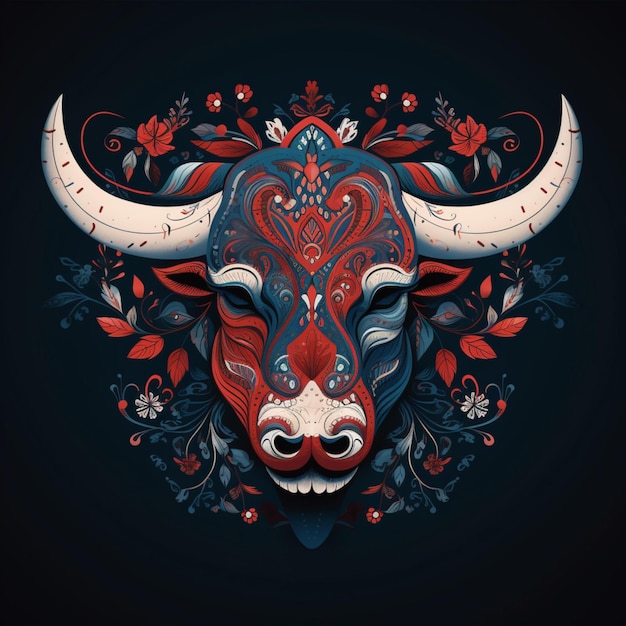 illustration of a bull head with intricate designs of decorative flowers