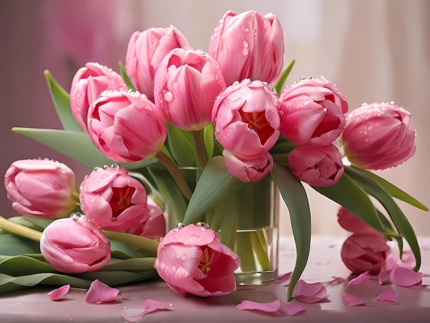 Illustration of a bunch of pink tulips