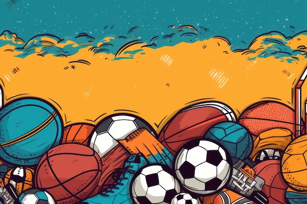 Иллюстрация кучи спортивных мячей со словами "футбол".