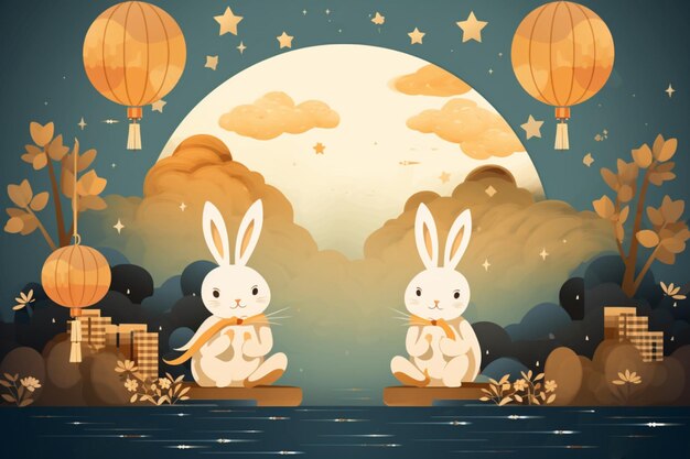 Illustration of bunnies under a full moon midautumn day 1