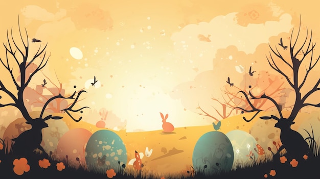 Иллюстрация кролика и дерева на фоне заката.