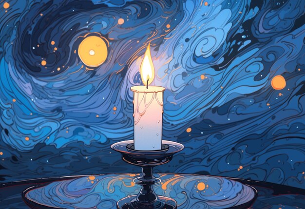 Illustration of a burning candle under the beautiful night starry sky