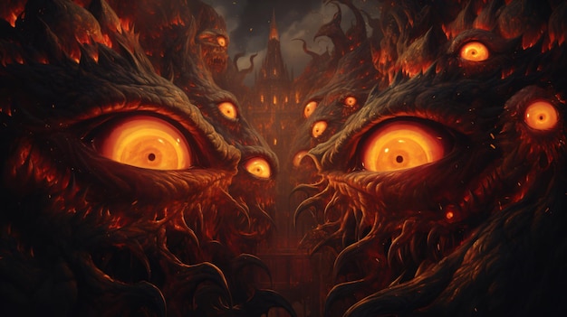 An illustration of burning demonic eyes