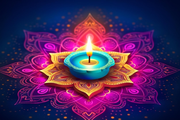 Foto illustrazione di bruciare diya sul felice diwali