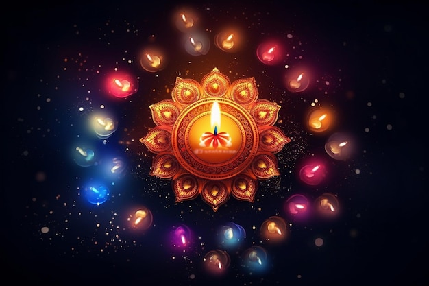 Illustration of burning diya on happy Diwali