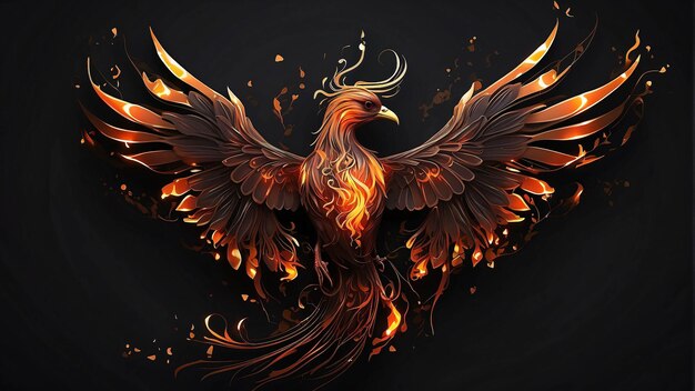 Photo illustration of burning fire phoenix flying and open wings on black background