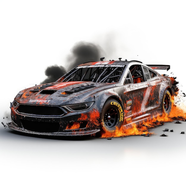 Photo illustration burnt nascar car on gravel surface