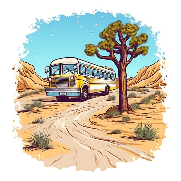 illustration of a bus that is in the desert with white background Generative AI