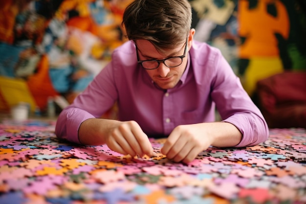 illustration of business man in jacket puts colorful jigsaw puzzle in a large area