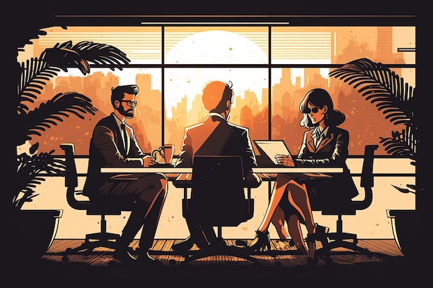 Illustration of a business meeting room with man and woman sitting at table generative ai