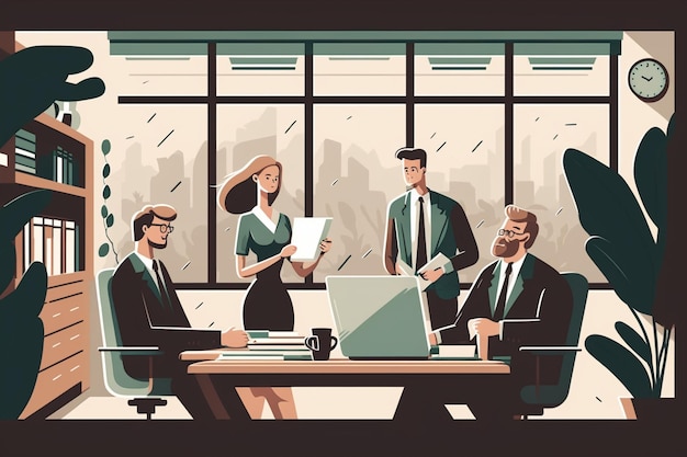 Illustration of a business meeting room with man and woman in suits generative ai