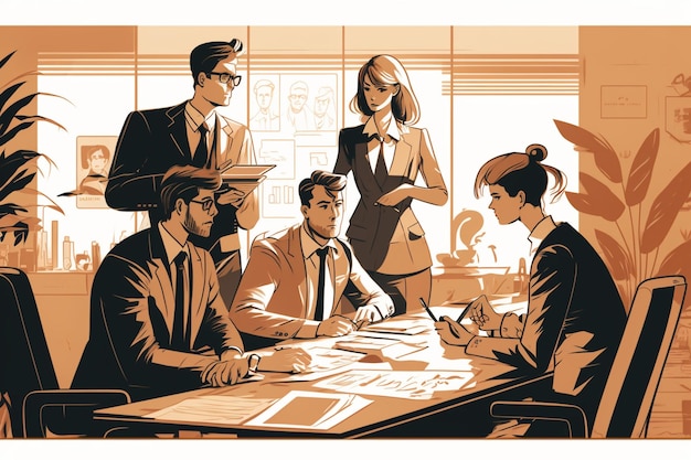 Illustration of a business meeting room with woman in suit and man generative ai