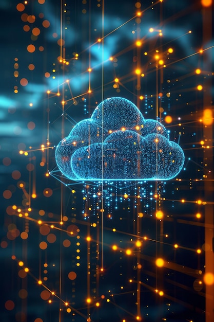 an illustration of a business network with multiple branches connected via cloud services