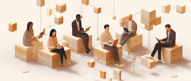 illustration of business people in front of laptops all interconnected business concept