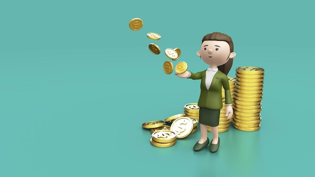 illustration of a business women surrounded by coins and dollar coins falling into the palm