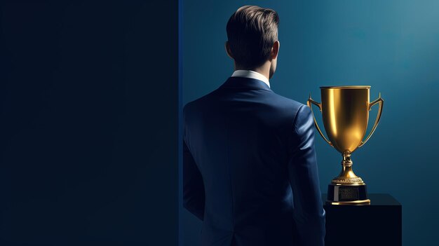 Illustration of businessman and golden trophy finance and business concept blue background AI