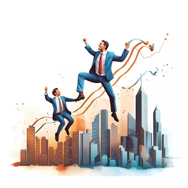 illustration of Businessman outperforming his competitors jumping over a graph generated ai