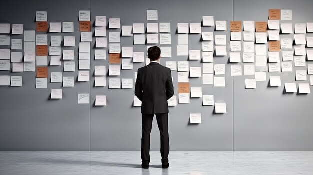 Illustration of a businessman surrounded by colorful sticky notes on a wall holding a reminder brainstorming ideas for success