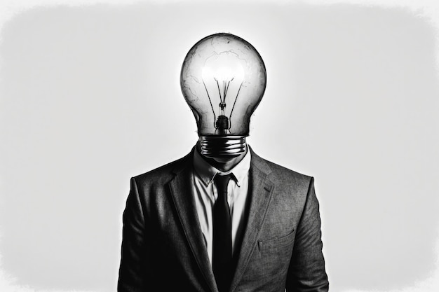 Photo illustration of businessman with light bulb head white background generative ai