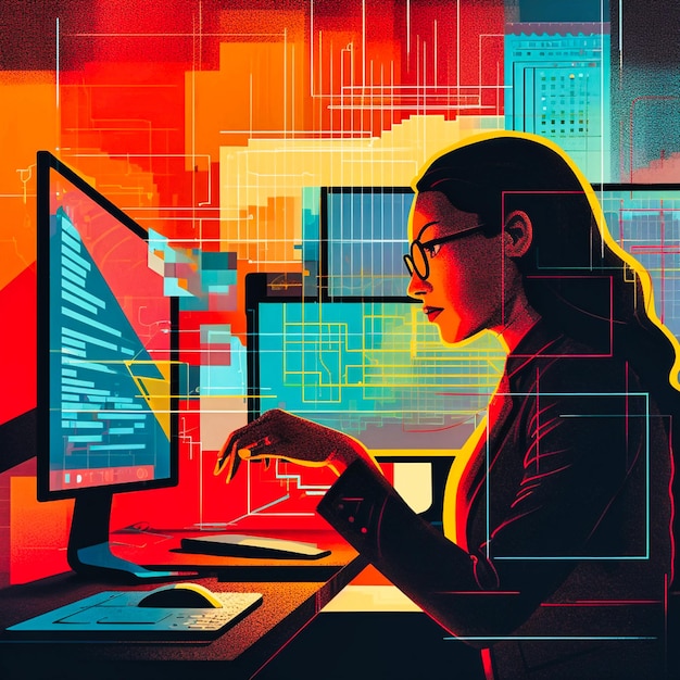 An illustration of a businesswoman analyzing data generative ai