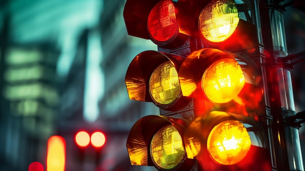 Photo illustration of at a busy intersection a traffic light stands tall